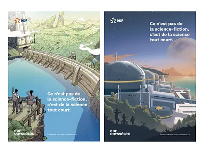 EDF bridge clouds colorful energy lake landscape moebius nuclear power plant river sci fi sky