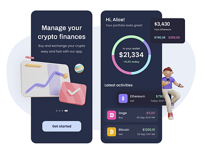 Mobile app for crypto finances 3d 3dillustration app crypto crypto currency crypto finance currency design figma finance illustration mobile mobileapp typography ui uiux ux