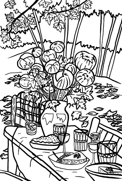 Autumn Dinner autumn black and white coloring book cozy