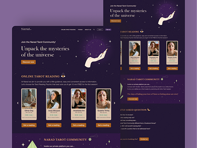 Tarot Community Landing Page conceptpage dark darktheme feeling heal homepage intuitive landingpage magic magical moon mystery spiritual star tarot ui universe ux webdesign witch