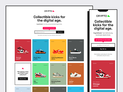 CryptoSneaks Website crypto ethereum gallery grid landing page nft pixel art pixels responsive web design rwd shoes sneakers space grotesk website website design