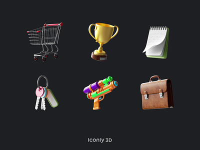 Iconly 3D Collection 3d 3dmotion ae animation business bag c4d cinema4d dark design graphic design icons illustration key motion graphics notebook shopping basket water pistol winner cup