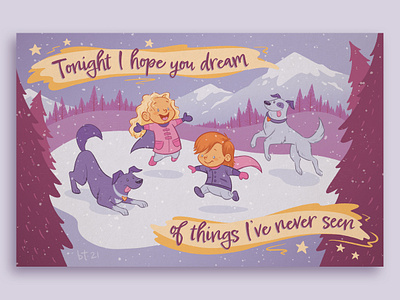 Yukon Supergirls canada character design children cute dogs dream forest illustration kids landscape mountains north northern lights snow winter wonderland yukon