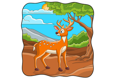 Cartoon illustration deer walking under the forest tree drawing
