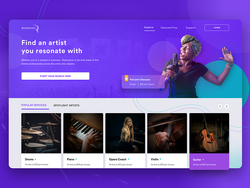The modern artist network to make life easier - Resonance artist calendar card layout daily inspiration design design studio events explore interface login mobile design onboarding performer procreator search singer social media managment ui user interface web design