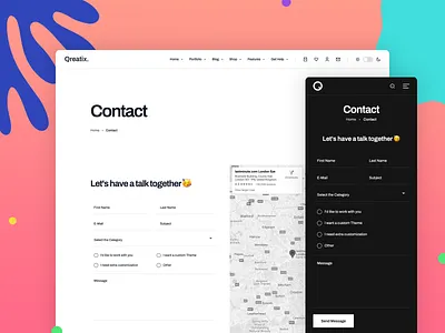 Qreatix – Portfolio WordPress Theme | Contact Page Template agency animation blog branding clean contact corporate creative design digital illustration logo minimal portfolio shop store ui visual website wordpress