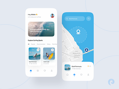 Surfing app concept adventure app ar beach clean ui interface ios map minimal mobile ocean spot booking app summer surf surf app surf board surfers tour travel travel app ui ux