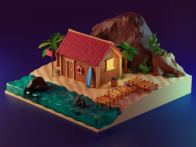 Night Beach Illustration 3d beach blender diorama island isometric low poly lowpoly miniature model night scene scenery sea summer summertime surf