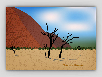 Desert view with stylized mountains arid bush dead desert dry dune heat hot landscape mountains namib namibia nature sand sky sossusvlei sun tree vector warm