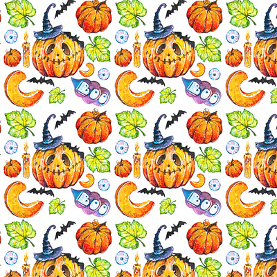 Halloween, watercolor pattern, set, pumpkins and leaves branding design graphic design hand painted handmade illustration painting pumpkins and leaves