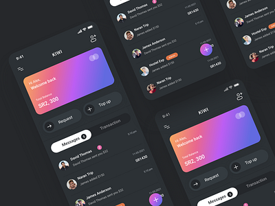 Kiwi App - User Interface Design - Dark Version 3d animation branding design graphic design illustration logo mobile motion graphics typography ui ux vector website