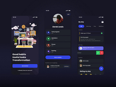 Transformation - change your lifestyle app app d daily day design fitness habits health home home screen interface meditation mobile progreess progress reading routine schedule task task tracker