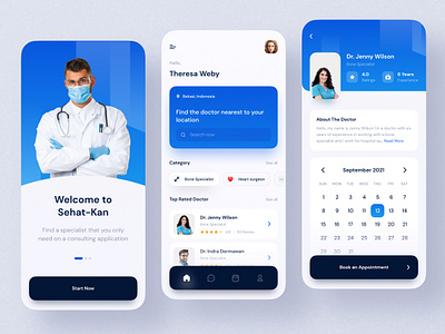 Sehat-kan Mobile Apps blue clean design doctor flat healt hospital minimal minimalist mobile new popular schedule trend trend 2021 ui web design