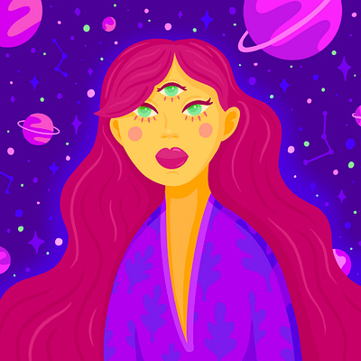 Three-Eyed Space Babe ✨🪐💜👁💙🪐✨ alien alien girl face flat design girl illustration planets pretty space stars third eye vector art woman