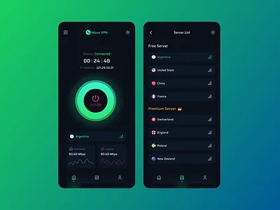 Wave VPN App app design app feature clean ui connect countries creative design design minimal mobile app trendy design ui uidesign uiinspiration uitrends uiux ux uxdesign uxtrends vpn vpn app