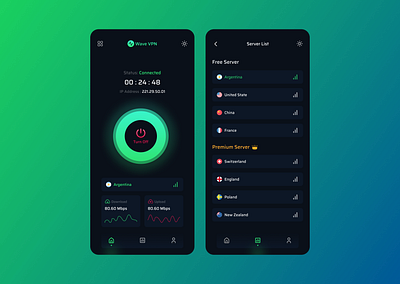Wave VPN App app design app feature clean ui connect countries creative design design minimal mobile app trendy design ui uidesign uiinspiration uitrends uiux ux uxdesign uxtrends vpn vpn app
