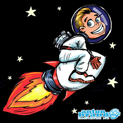 Cartoon astro boy flying on his rocket artstudio cartoon character children book humour illustration