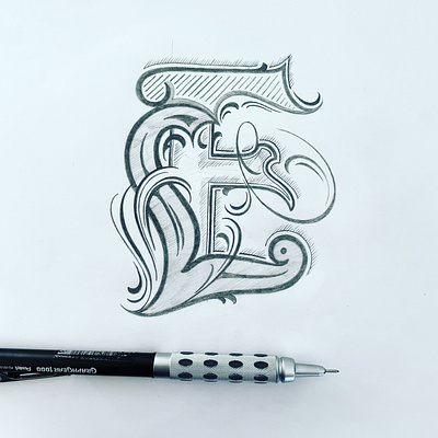 Flourished E flourishes lettering sketch