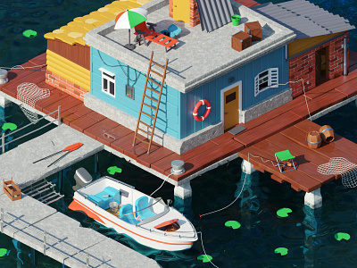 Fisherman estate 3d blender boat breeze build chill cycles fish fisherman fishing illustration isometric isometry materials nature ocean render sea sun water