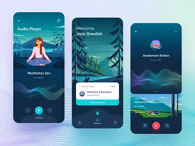 Meditation UI/UX App - illustration π€ activity app audio discover forrest gradient graphic design icon illustration landscape meditation mobile mount night orely relaxation trees ui mobile ux design yoga