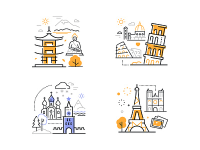 Sightseeing - line banners architecture design eiffel tower icon illustration kremlin landmark line pagoda pisa tower place style tourism travel vacation vector