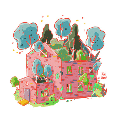 Pink box comic forest house illustration kids. editorial naif old trees woods