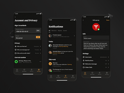 Pure - Messaging UI Kit for Figma account app changes chat dark ui design edit group info messenger mobile notice notifications privacy session settings ui ui elements updates ux