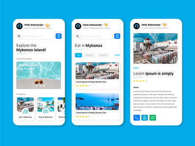 Mykonos app concept ( UI design ) appdesign digital digitaldesign productdesign travelapp ui uidesign uiux userinterface uxui visualdesign