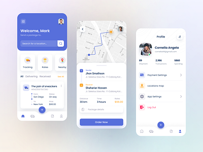 Logisitc App Design android cargo clean design colorful design contact counier delivery home screen ios location logistic app maps minimal parcel profile search shipping tracking transport user interface