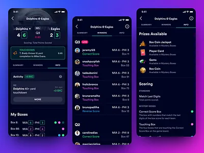 Boxiz App - Live Scores app design app store circular font dark mode dark ui game game design ios mobile app mobile app design nfl score sports app table tabs teal ui ui design uiux ux