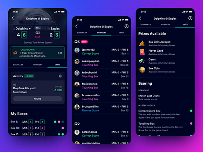 Boxiz App - Live Scores app design app store circular font dark mode dark ui game game design ios mobile app mobile app design nfl score sports app table tabs teal ui ui design uiux ux