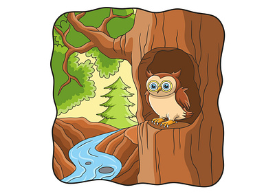 Cartoon illustration owl is in front of his house white