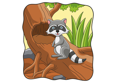 Cartoon illustration raccoon standing on a big tree nature