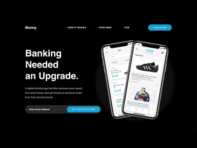 Munny – mobile payment service web design bank branding cash app creditcard dark dark mode finance fintech mobile banking money online banking pay payment transaction transfer money ui ux visa web design website website design