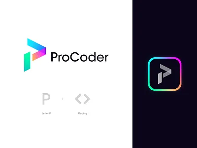 ProCoder Logo Design: Letter P + Coding ai app logo artificial intelligence brackets brackets logo branding code coder coding coding assistanct coding logo developer letter p logo design programming programming logo software software logo technology vibe coding