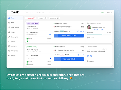Restaurant Partner Dashboard dashboard delivery design food manage menu merchant orders outlets partners restaurant seamless search takeaway tracking ui ux zomato