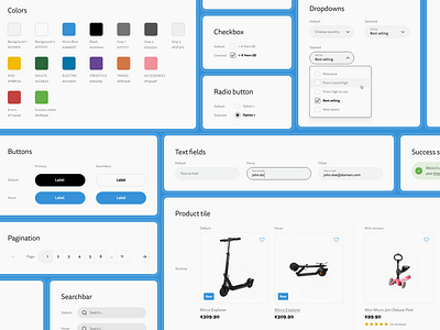 Micro Scooter - E-commerce - Style guide preview buttons checkbox components design system dropdowns e commerce ecommerce product tile radio buttons shop system ui ux