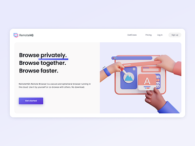 RemoteHQ landing page 3d 3d illustration browser illustration isolated browser landing page malware free plain design remote remote browser shared browser software startup white space