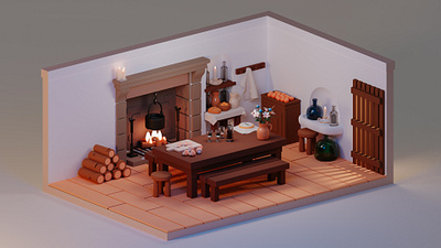 The kitchen from Portrait of a Lady on Fire 3d blender blender3d candles cozy design fireplace illustration isometric kitchen low poly low poly old render wine