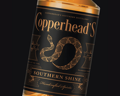 Copperhead's Southern Shine branding etching hand drawn illustration label luxury packaging packagingdesign sophisticated spirits victorian vintage whiskey