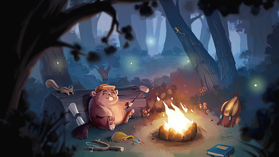 Camping beaver campfire camping character design concept art drawing forest illustration woods