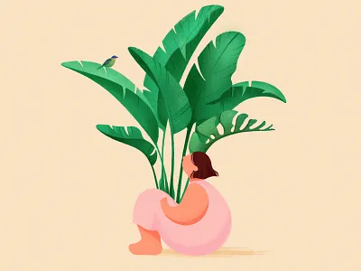 Little Bird! bird botanic character child design flat flora flowers girl hello hello dribble illustration leaves monstera nature plant plants procreate shot texture
