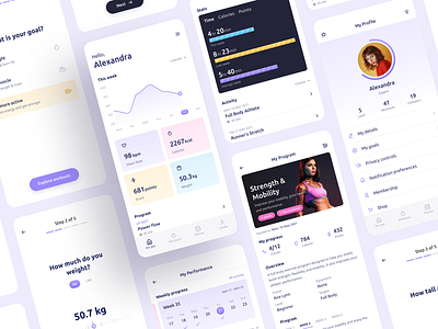 Fitness & Workout App bar chart card components dashboard fit fitness app healthcare ios mobile app online training online workout profile progress questionnaire sport statistics tracker ui elements ui kit ux