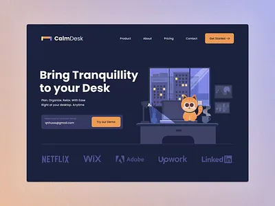 CalmDesk - Bring Tranquillity to your desk calm calming cat cat workspace dark dark workspace desktop motion design organize productivity relax tranquillity ui design website design workspace