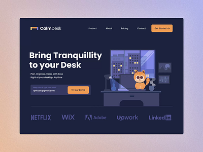 CalmDesk - Bring Tranquillity to your desk calm calming cat cat workspace dark dark workspace desktop motion design organize productivity relax tranquillity ui design website design workspace