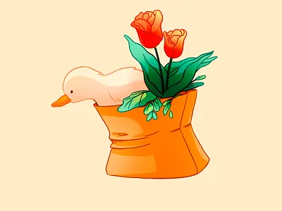 Duck with tulip bag canard cute doodle duck flower grocery illustration kawai kawaii plant tulip