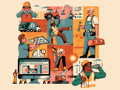 Men at Work blue collar building collage construction grid illustration jobs maintenance texture vector work worker