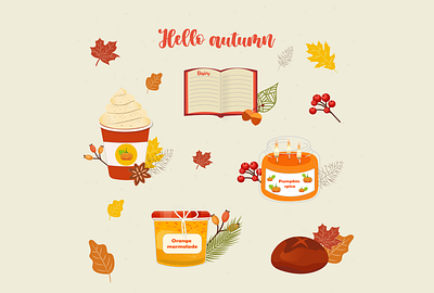 Hello autumn autumn bread candle graphic design lattee leafs marmelade orange pumpkin rye spices