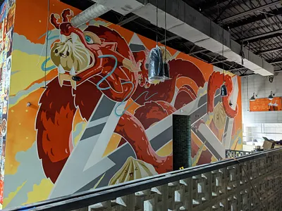 Dumplings and Dragons Mural acrylic asian chinese clouds dragon flying food geometric illustration large format painting procreate red restaurant spray paint texas wonton wrap