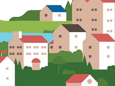 Village illustration buildings bushes flat hills hillside house illustration nature neighborhood river town trees village